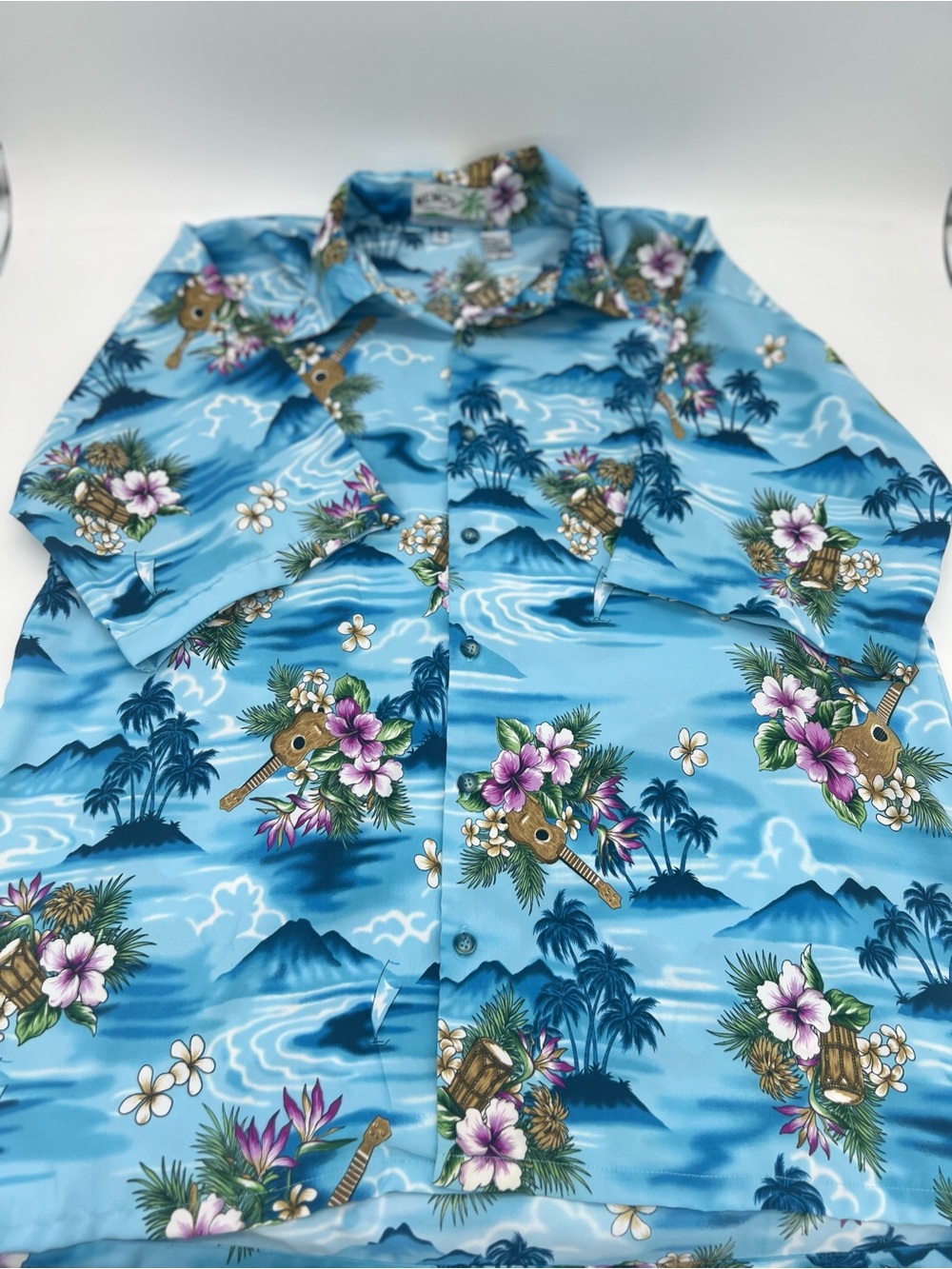 Vintage MEMO'S Hawaiian Shirt Mens XL Blue Floral AOP Short Sleeve Casual Surf